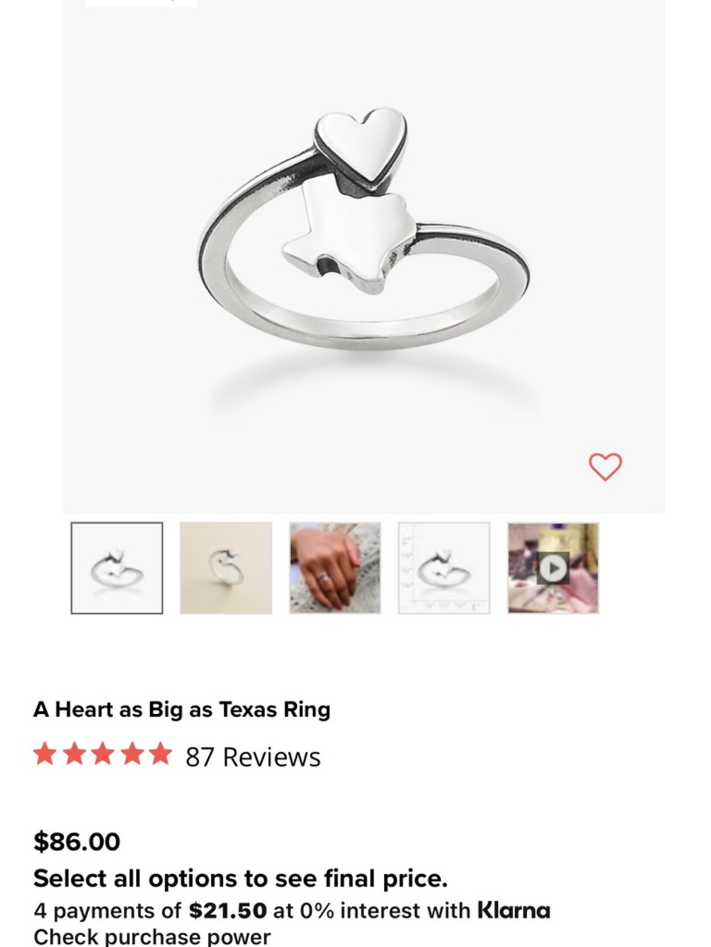 James Avery Silver Heart as Big as Texas Ring - Silver size 9 1/2 -10 not sure
